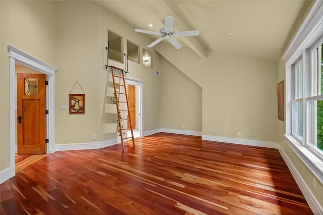 150 Jackson Cove Cres, Eureka Springs, AR 72631 - unfurnished living room featuring wood finished floors, ceiling fan, high vaulted ceiling, and beamed ceiling
