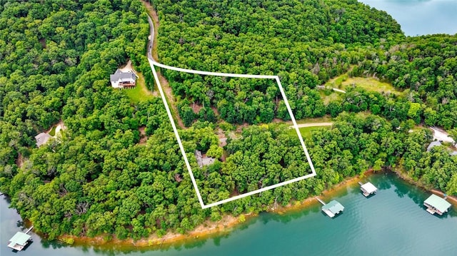150 Jackson Cove Cres, Eureka Springs, AR 72631 - aerial view of property and surrounding area featuring a nearby body of water and property boundaries highlighted