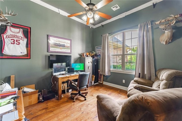 216 Windsor Ave, Lowell, AR 72745 - office featuring ornamental molding, hardwood / wood-style floors, and ceiling fan