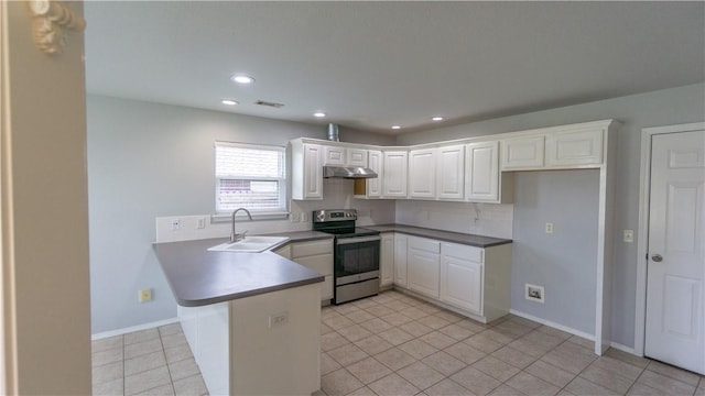 404 NE Whitney St, Bentonville, AR 72712 - kitchen featuring stainless steel electric stove, under cabinet range hood, a peninsula, white cabinets, and light tile patterned floors