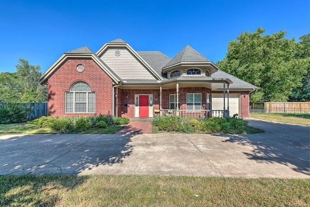 306 NW A St, Bentonville, AR 72712 - view of front of home with brick siding, an attached garage, a porch, and concrete driveway