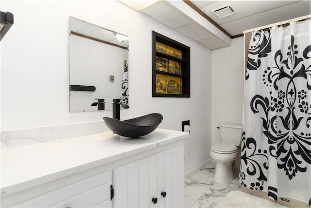 8173 Spanker Creek Rd, Bentonville, AR 72712 - bathroom with marble look tile flooring, vanity, and a shower with shower curtain