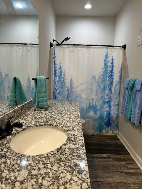 26 Osborne Dr, Bella Vista, AR 72715 - full bath featuring vanity, wood finished floors, recessed lighting, and a shower with shower curtain