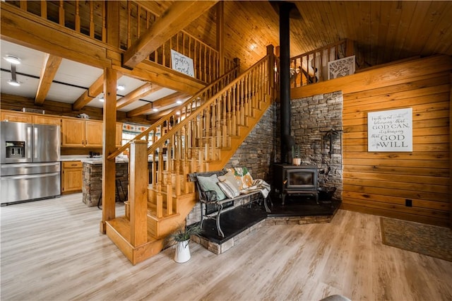 16175 N Cove Creek Wc 21 Rd, Prairie Grove, AR 72753 - staircase with wood finished floors, a wood stove, beam ceiling, and wooden walls