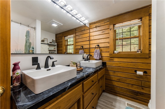 16175 N Cove Creek Wc 21 Rd, Prairie Grove, AR 72753 - bathroom featuring double vanity, wood finished floors, and wooden walls