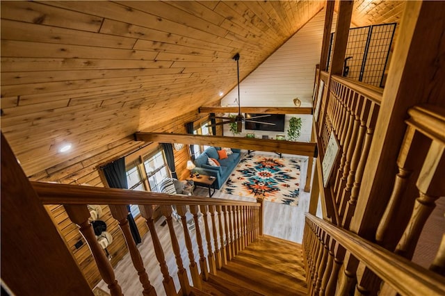 16175 N Cove Creek Wc 21 Rd, Prairie Grove, AR 72753 - staircase featuring wooden walls, ceiling fan, lofted ceiling, and wooden ceiling