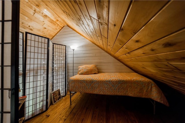 16175 N Cove Creek Wc 21 Rd, Prairie Grove, AR 72753 - bedroom featuring vaulted ceiling, wooden ceiling, wooden walls, and hardwood / wood-style flooring
