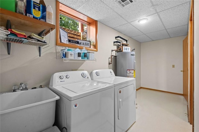 16048 Cypress Ln, Rogers, AR 72756 - laundry area with electric water heater, washing machine and dryer, and light colored carpet