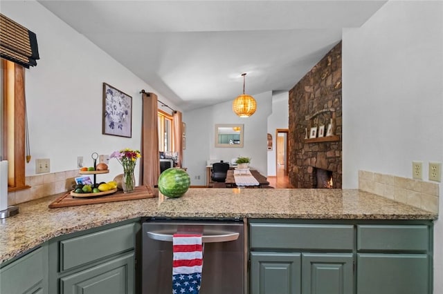 16048 Cypress Ln, Rogers, AR 72756 - kitchen with a peninsula, green cabinetry, lofted ceiling, and light stone countertops