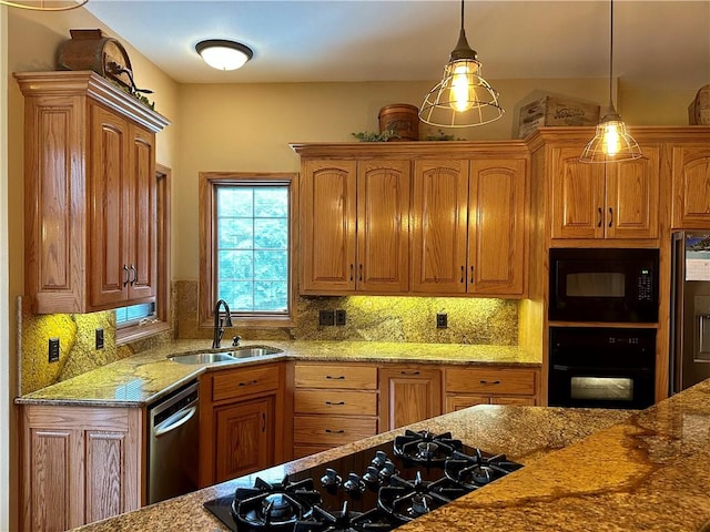 9364 Everest Pl, Rogers, AR 72756 - kitchen featuring black appliances, light stone counters, tasteful backsplash, hanging light fixtures, and brown cabinets