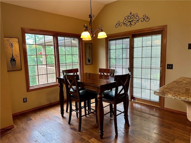 9364 Everest Pl, Rogers, AR 72756 - dining space with a chandelier, lofted ceiling, and dark wood-style flooring