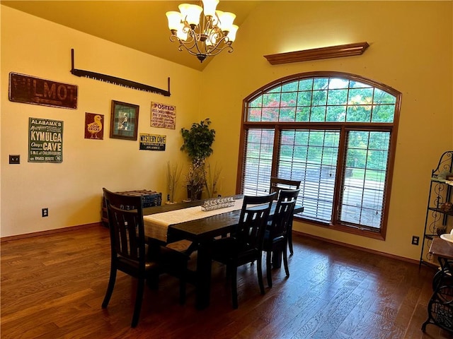 9364 Everest Pl, Rogers, AR 72756 - dining space with a chandelier, dark wood finished floors, and high vaulted ceiling