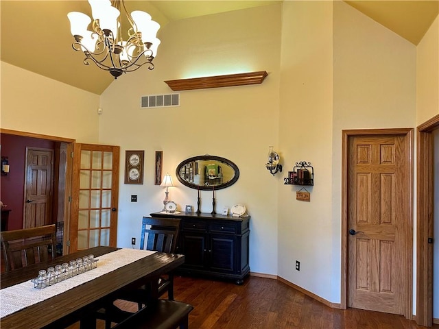 9364 Everest Pl, Rogers, AR 72756 - dining room featuring high vaulted ceiling, dark wood-style flooring, and a chandelier