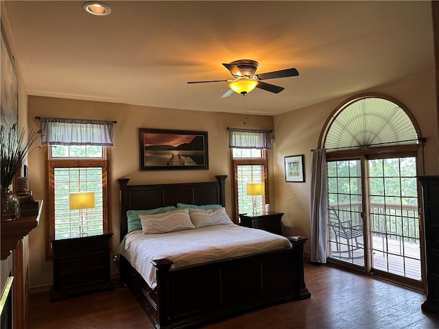 9364 Everest Pl, Rogers, AR 72756 - bedroom with access to exterior, dark wood-style flooring, and ceiling fan