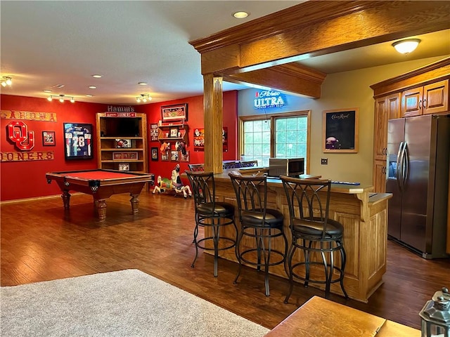 9364 Everest Pl, Rogers, AR 72756 - indoor dry bar featuring appliances with stainless steel finishes, billiards, dark wood-type flooring, and recessed lighting