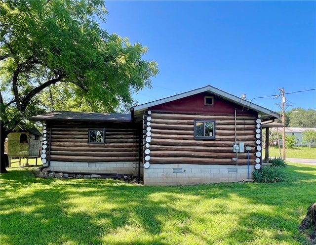 440 N Duff Ave, Sulphur Springs, AR 72768 - view of home's exterior with log exterior, a yard, and crawl space