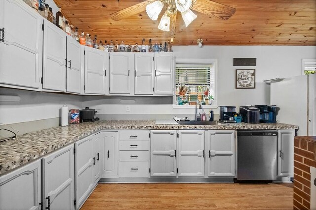 63155 S 4700, Watts, OK 74964 - kitchen featuring stainless steel dishwasher, wooden ceiling, a ceiling fan, light wood-style floors, and white cabinetry