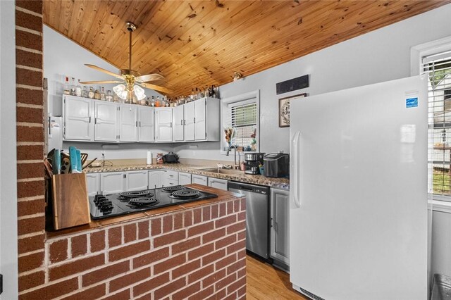 63155 S 4700, Watts, OK 74964 - kitchen with freestanding refrigerator, dishwasher, black electric cooktop, wood ceiling, and a ceiling fan