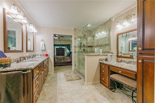2 Kildonan Ln, Bella Vista, AR 72715 - ensuite bathroom featuring crown molding, a stall shower, vanity, and ceiling fan