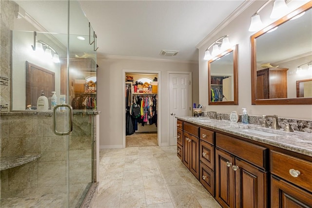 2 Kildonan Ln, Bella Vista, AR 72715 - full bath featuring double vanity, a stall shower, crown molding, and a spacious closet
