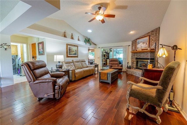 2 Kildonan Ln, Bella Vista, AR 72715 - living area featuring lofted ceiling, ceiling fan, a fireplace, dark wood-type flooring, and recessed lighting
