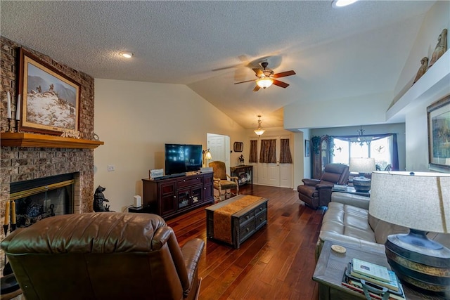 2 Kildonan Ln, Bella Vista, AR 72715 - living area featuring lofted ceiling, a ceiling fan, a fireplace, dark wood-style floors, and a textured ceiling