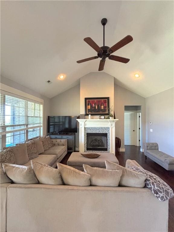 1610 Sweetbriar, Centerton, AR 72719 - living area with vaulted ceiling, a ceiling fan, a glass covered fireplace, dark wood-style floors, and recessed lighting