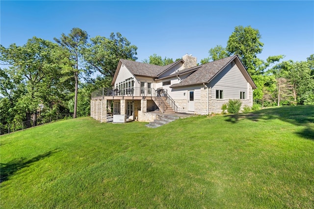 40 Rivercliff Rd, Rogers, AR 72756 - back of house with stairway, a chimney, a deck, and a lawn