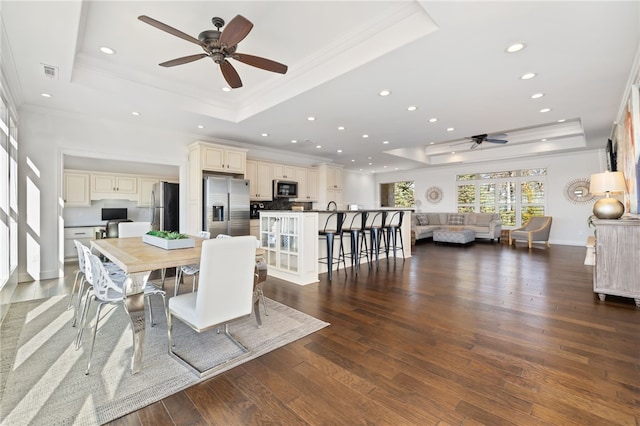 40 Rivercliff Rd, Rogers, AR 72756 - dining area with a raised ceiling, a ceiling fan, crown molding, wood finished floors, and recessed lighting