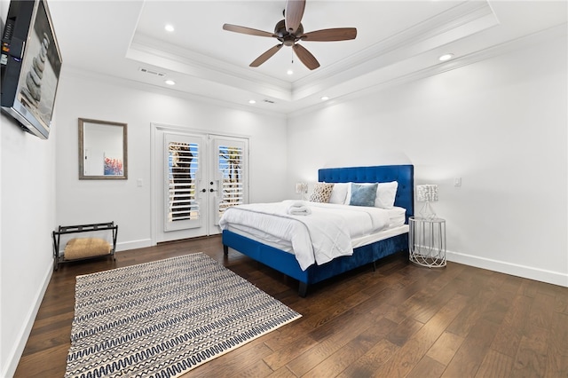40 Rivercliff Rd, Rogers, AR 72756 - bedroom featuring a tray ceiling, crown molding, access to exterior, recessed lighting, and hardwood / wood-style flooring