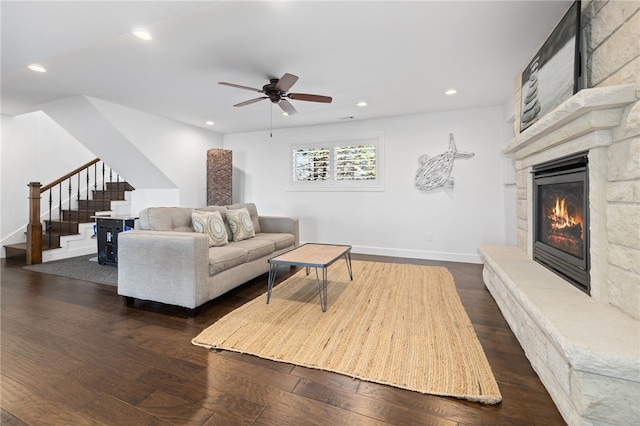 40 Rivercliff Rd, Rogers, AR 72756 - living room with stairs, a ceiling fan, a fireplace, hardwood / wood-style floors, and recessed lighting