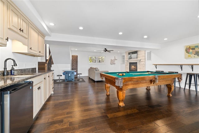 40 Rivercliff Rd, Rogers, AR 72756 - game room with dark wood-type flooring, recessed lighting, billiards, bar with sink, and a fireplace