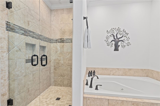 40 Rivercliff Rd, Rogers, AR 72756 - bathroom featuring a whirlpool tub, a shower stall, and ornamental molding