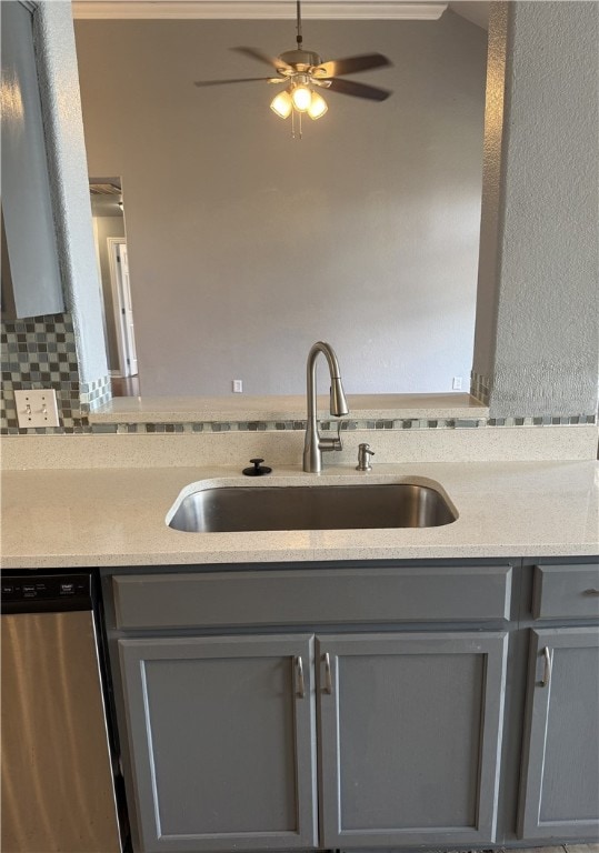 1204 Jim Mcvay, Siloam Springs, AR 72761 - kitchen with gray cabinetry, dishwasher, light countertops, and ceiling fan