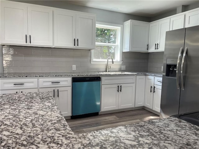 904 E Norristown Cir, Russellville, AR 72802 - kitchen featuring dishwasher, stainless steel fridge with ice dispenser, wood finished floors, and light stone counters