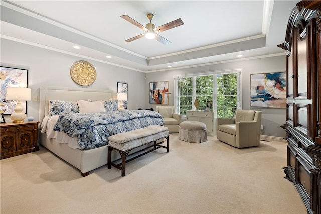 2 Canterbury Park, Bentonville, AR 72712 - bedroom with light carpet, crown molding, a tray ceiling, recessed lighting, and a ceiling fan