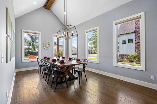 406 SW E St, Bentonville, AR 72712 - dining area featuring beamed ceiling, dark wood-type flooring, a chandelier, and high vaulted ceiling