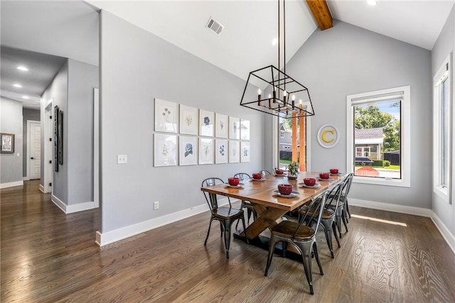 406 SW E St, Bentonville, AR 72712 - dining space with beam ceiling, dark wood-style flooring, a chandelier, recessed lighting, and high vaulted ceiling