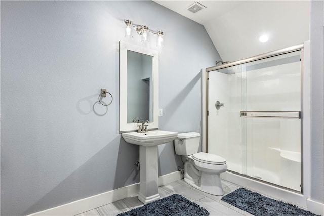 406 SW E St, Bentonville, AR 72712 - full bathroom featuring a stall shower, lofted ceiling, and tile patterned flooring