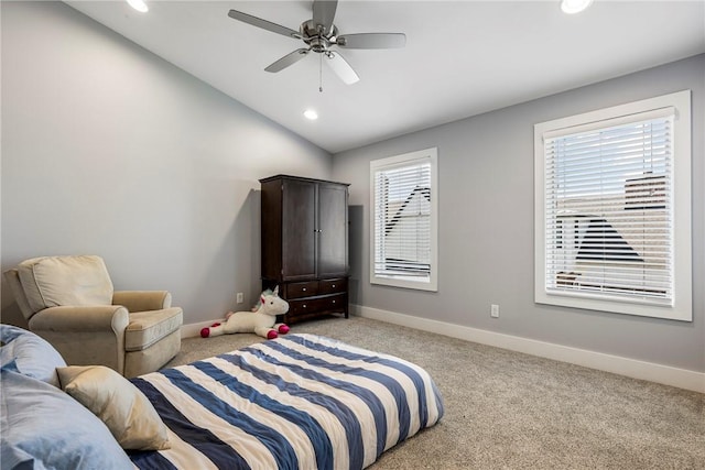 406 SW E St, Bentonville, AR 72712 - bedroom featuring light carpet, vaulted ceiling, recessed lighting, and ceiling fan
