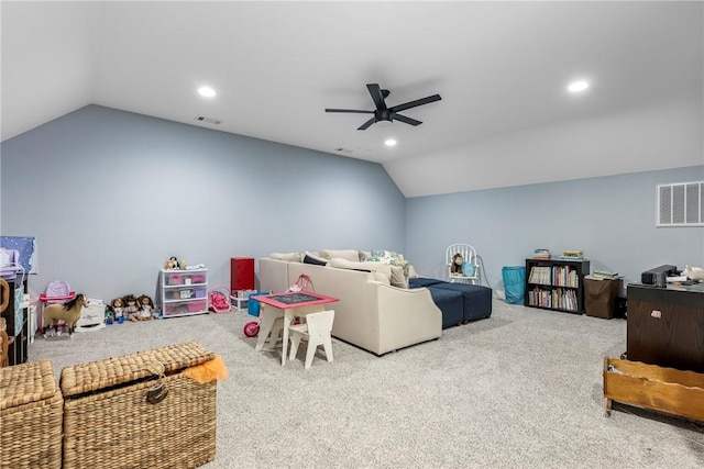 406 SW E St, Bentonville, AR 72712 - rec room with lofted ceiling, a ceiling fan, carpet floors, and recessed lighting