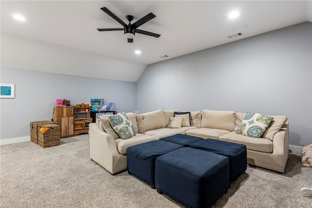 406 SW E St, Bentonville, AR 72712 - carpeted living room with vaulted ceiling, ceiling fan, and recessed lighting