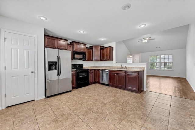640 Spur Ln, Centerton, AR 72719 - kitchen featuring black appliances, light tile patterned floors, lofted ceiling, ceiling fan, and dark brown cabinetry