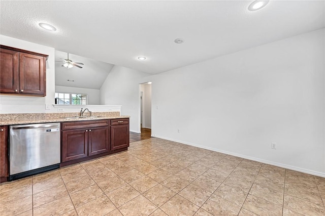 640 Spur Ln, Centerton, AR 72719 - kitchen with stainless steel dishwasher, vaulted ceiling, a ceiling fan, a peninsula, and recessed lighting