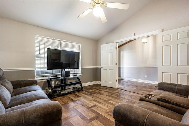 3310 Colton Dr, Springdale, AR 72762 - living room featuring a ceiling fan, lofted ceiling, and wood finished floors