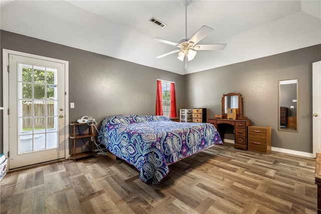 3310 Colton Dr, Springdale, AR 72762 - bedroom featuring wood finished floors, lofted ceiling, ceiling fan, and access to outside