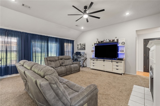 146 Horizon Ln, Alma, AR 72921 - living area with light carpet, ceiling fan, vaulted ceiling, and recessed lighting