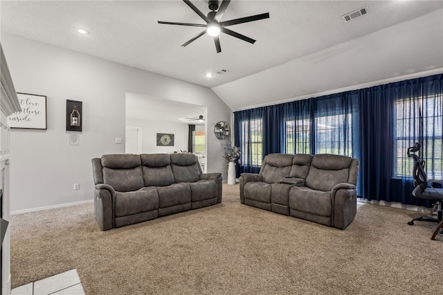 146 Horizon Ln, Alma, AR 72921 - carpeted living room featuring ceiling fan, lofted ceiling, and recessed lighting