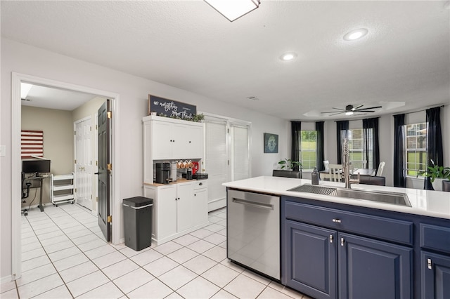 146 Horizon Ln, Alma, AR 72921 - kitchen featuring stainless steel dishwasher, blue cabinetry, ceiling fan, light countertops, and recessed lighting