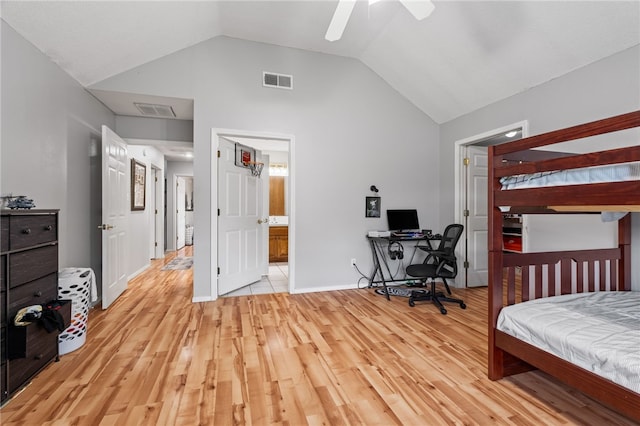146 Horizon Ln, Alma, AR 72921 - bedroom featuring vaulted ceiling, light wood finished floors, an office area, and ceiling fan